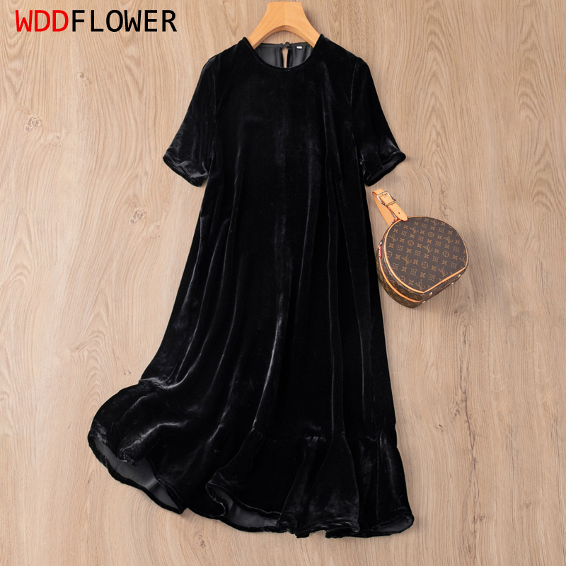 Baby Xl - ชุดเดรสกำมะหยี่ไหมหม่อนแท้สำหรับผู้หญิงตุ๊กตาเด็กเล็กสีดำมีระบายทรงเอไลน์ M1006ไซส์ XL