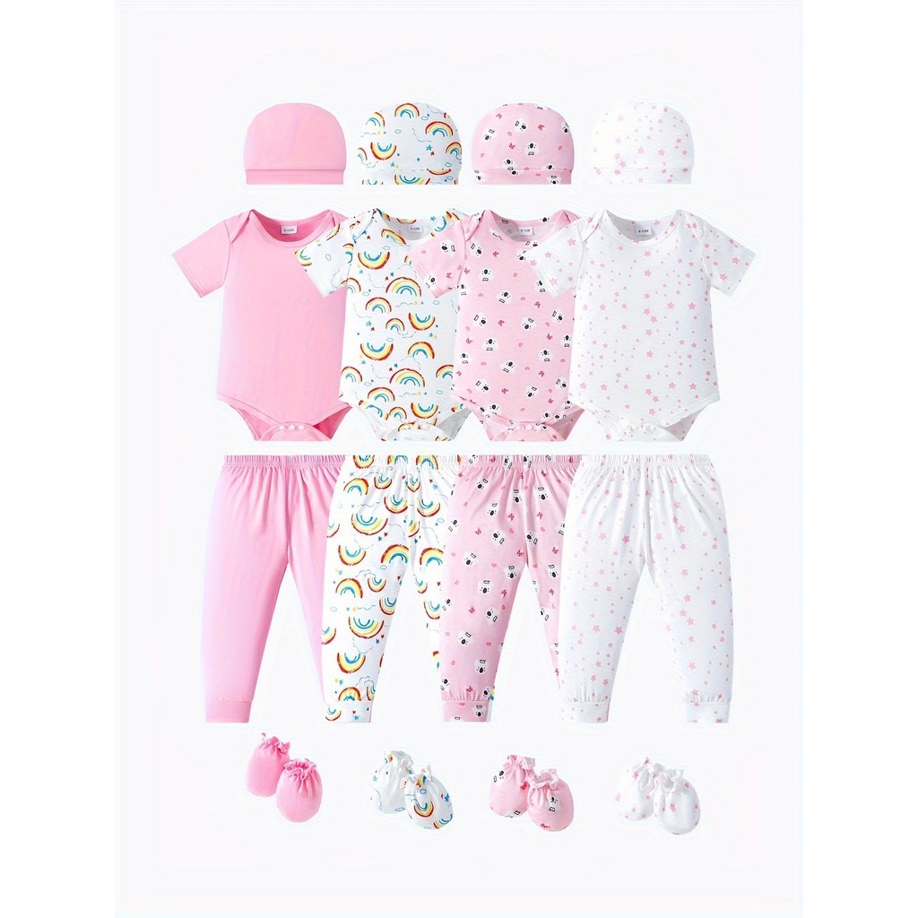 Baby Clothing Bundles - ชุดเสื้อผ้า4ชิ้นสำหรับ0-12Months ชุดหมีแขนสั้น + กางเกง + ถุงมือ