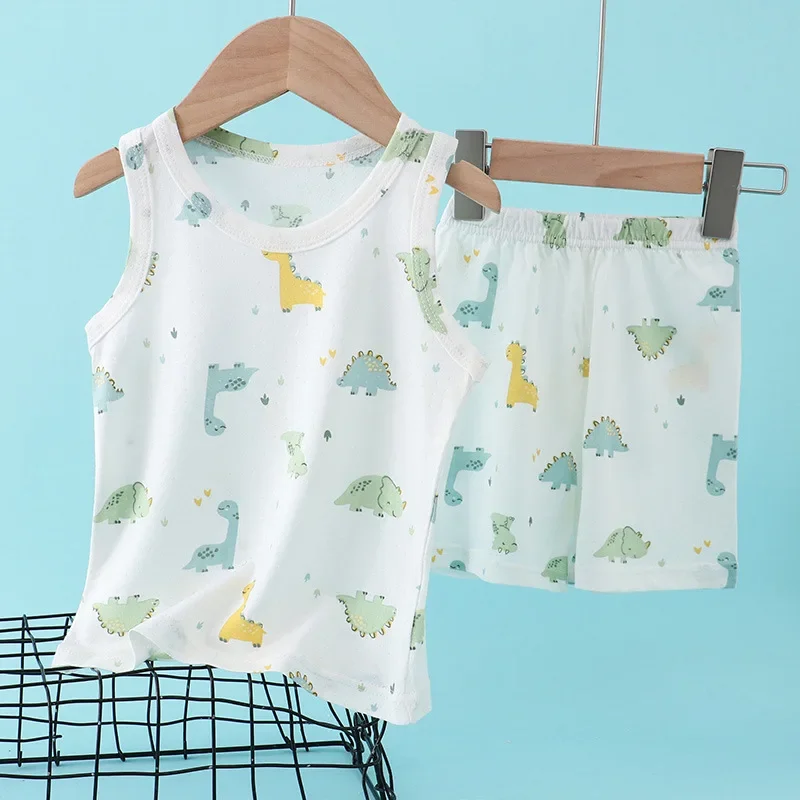 Baby Clothing Bundles - ชุดเสื้อกั๊กผ้าฝ้ายผสมใยไผ่สำหรับเด็ก ลายการ์ตูนน่ารัก ชุดฤดูร้อนแขนกุดบางเบา สำหรับเด็กผู้ชายและเด็กผู้หญิง ชุด 2