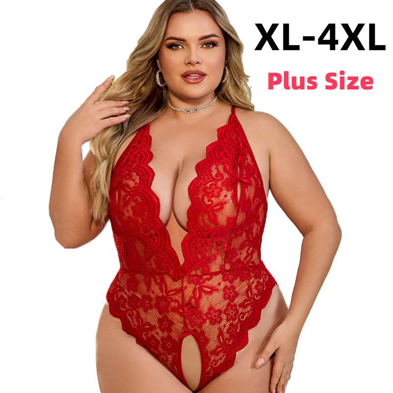 Baby Xl - ชุดบอดี้สูทลูกไม้แบบเปิดเป้า ไซส์ XL-4XL ชุดชั้นในเซ็กซี่สำหรับฤดูร้อนสำหรับผู้หญิง ชุดนอนซีทรูเร้าอารมณ์ ชุดนอนไซส์ใหญ่