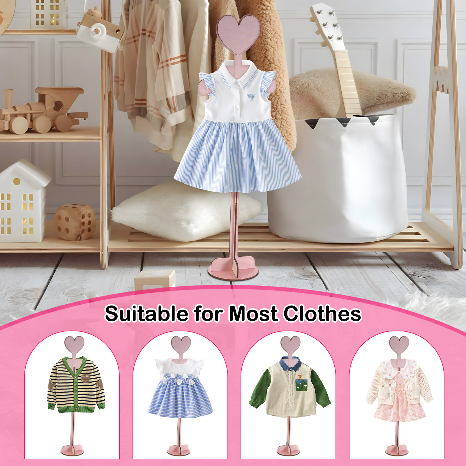 Baby Shop Clothing - ชั้นวางเสื้อผ้าเด็กทำจากไม้สำหรับห้องเด็กอ่อน - ราวแขวนเสื้อผ้าเด็กแบบมินิมอลสีธรรมชาติพร้อมดีไซน์กันลื่น ใช้งานง่าย
