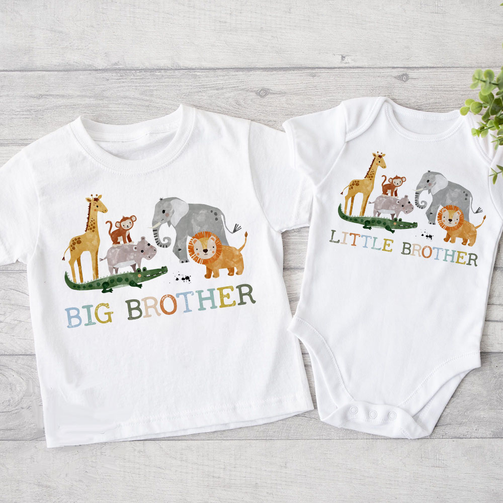 Baby Xl - เสื้อคู่พี่ชายตัวเล็กเสื้อลายพิมพ์สัตว์ซาฟารีเสื้อยืดเด็กเสื้อบอดี้สูทเด็ก